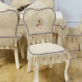European style dining chair cover set with quilted cushion, embroidered deer and ruffled hem. - Chair Cover / European Style Deer - Beige