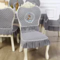 European style dining chair cover set, quilted fabric with lace and deer embroidery. - Round Tablecloth 2m Diameter / European Style Deer - Gray