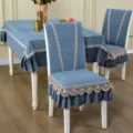 Blue quilted dining chair cover and tablecloth set with elegant lace trim for home decor. - 1 Chair Cover (Order Matching Chair Qty) / V-Shape Lavender Blue Chinese Upholstery