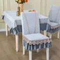 Elegant quilted dining chair cover and tablecloth set with delicate lace and ruffle. - 1 Chair Cover (Order Matching Chair Qty) / V-Shape Lavender Grey Chinese Upholstery