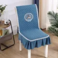 Housse de chaise en velours côtelé bleu avec bordure en dentelle, coussin de siège élastique. - Coussin de Chaise / Toujours à vos côtés, bleu