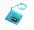 Close-up detail of a sparkly blue transparent PVC wallet featuring a convenient neck strap - Blue