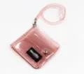 Close-up of pink glitter transparent PVC wallet with neck strap and black patch logo - Light Pink
