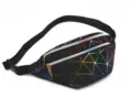 Black PU leather fanny pack featuring a holographic geometric rainbow laser design - Black