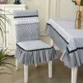Grey dining chair cover and tablecloth set, quilted pattern with lace and pom-pom trim. - Snowflake - Gray