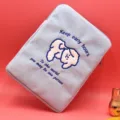 Cute light blue plush laptop sleeve with embroidered cartoon dog and inspiring text - Tilting Head Dog / Blue