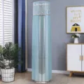 Decorative blue lace cylindrical air conditioner dust cover in a modern living room setting - Crescent Moon Green