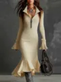 Women zip collar flare sleeve ribbed knit mermaid dress elegant autumn fashion outfit - Apricot