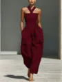 Vista dettagliata della tuta ampia da donna in misto lino con scollo all'americana. - Taglia S / Borgogna