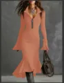 Ribbed knit zip-collar mermaid dress detail showcasing elegant long bell sleeves. - Pink