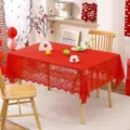 Detail view of red lace tablecloth with floral embroidery for wedding dining decor - 145*200cm / Phoenix Tail Pattern Red