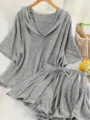 Women's grey two-piece casual lounge set featuring a hooded short sleeve top and shorts - 1XL / Set / Gray