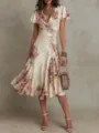 Elegante abito midi da donna con stampa floreale e arricciatura per la moda primaverile. - XS / Avorio