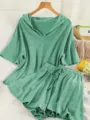 Detailed texture of green hooded short sleeve top and matching shorts lounge set - 1XL / Set / Ocean Green