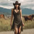 Abito corto stile western verde vintage con frange e scollo a V profondo per vestibilità slim - Taglia S / Oliva