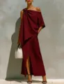 Elegante conjunto rojo vino de top de un hombro con nudo y falda con abertura para mujer - S / Burdeos