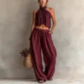 Set due pezzi bordeaux con top a incrocio e pantaloni larghi con tasche laterali - 1XL / Top And Bottom / Borgogna