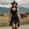 Abito corto stile western vintage nero con frange, scollo a V e vestibilità aderente - 3XL / Nero
