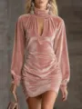 Close-up of pink velvet high-neck bodycon dress with ruched detailing and soft sheen. - S / Pink