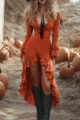 Elegante abito bohémien arancione con volant, orlo asimmetrico e scollo a V profondo - 3XL / arancio-rosso