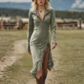Abito stile western in pelle scamosciata verde oliva con frange asimmetriche. - 3XL / Vestiti / Verde militare