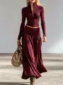 Completo elegante bordeaux con top a maniche lunghe e gonna lunga a vita bassa, vista - Taglia S / Borgogna