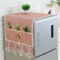Close-up detail of pink quilted refrigerator dust cover featuring side pockets and lace. - Single Door 55*130 cm / Pink Peach Blossom AC Cover