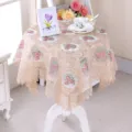 Elegant round glass yarn tablecloth with intricate pink floral embroidery and lace edges - 80*80cm / Coffee