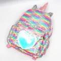 Cute rainbow sequin unicorn school backpack for girls featuring holographic heart detail - L / Rainbow