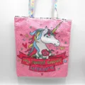 Bolso tote rosa de lentejuelas unicornio con correas holográficas y diseño animado - Dulce Unicornio con Letras / Rosa
