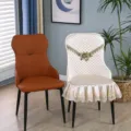 Detailed view of quilted cream chair cover with lace trim and floral embroidery - Large Square Head - Half Armrest Chair Cover / Blooming Flowers - Beige
