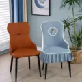 Detail of blue quilted chair cover with lace trim and deer embroidery design - Large Square Head - Half Armrest Chair Cover / Always with You Grey