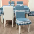 Blue quilted integrated dining chair cover featuring elegant white floral lace trim - Note: 130x180cm Rectangular Tablecloth / Romantic Encounter - Blue