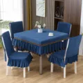Set trapuntato blu scuro per tavolo e sedie da pranzo con eleganti bordi a doppia balza - Cuscino per sedia e schienale separati / Blu velluto di visone