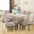 Elegant beige quilted fabric dining table cloth and matching chair cover set with ruffled edges - 1 Chair Cover / Linen Camel