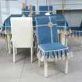Elegant quilted chair cover with lace skirt and floral applique in blue and white - Chinese Style Full Chair Cover Small Size [Backrest Height 38-45 cm] / Chinese Full Wrap - Splendid Floral Blue