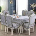 Detail of silver quilted European style chair covers and matching tablecloth set for dining room - Versailles European Style Grey