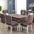 Close-up of velvet chair covers and matching tablecloth in an elegant dining setting - 1 Chair Cover / Versailles European Style Dark Coffee
