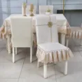 Elegant cream quilted dining chair cover set with lace ruffle and gold flower detail - Chinese Style Full Chair Cover Small Size [Backrest Height 38-45 cm] / Chinese Full Wrap - Splendid Floral Beige
