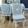 Light blue quilted thickened velvet dining chair cover with cute cartoon rabbit embroidery detail - Cute Rabbit Grey
