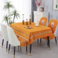 Orange Nordic style elastic curved chair covers and matching tablecloth set in dining room - Universal Chair Cover for Shallow Arc 8-11 cm / Happiness Flower Orange