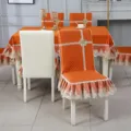 Premium orange quilted dining chair cover featuring elegant lace trim and flower detail - Chinese Style Full Chair Cover Small Size [Backrest Height 38-45 cm] / Chinese Full Wrap - Splendid Floral Orange