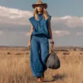 Dettaglio di un completo western in pelle scamosciata blu con top e pantaloni larghi. - Taglia S / Blu scuro