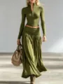 Detail view of stylish olive green long sleeve top and low waist maxi skirt set - Army Green