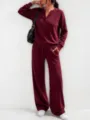 Elegante set casual bordeaux a due pezzi con top a maniche lunghe e pantaloni larghi - Borgogna