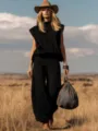 Elegante completo western nero senza maniche con pantaloni larghi in campo rustico - 3XL / Nero