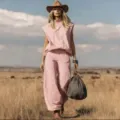 Completo stile western in camoscio rosa con top senza maniche e pantaloni larghi chic - 3XL / Rosa