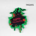 Halloween wooden fridge magnet with neon green haunted house design and bat icons - Ghost