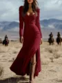 Abito lungo retrò stile Western bordeaux con maniche lunghe e bottoni sexy per donna - Taglia S / Borgogna