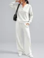 Set lounge 2 pezzi da donna color crema con top henley a maniche lunghe e pantaloni a gamba larga - Bianco